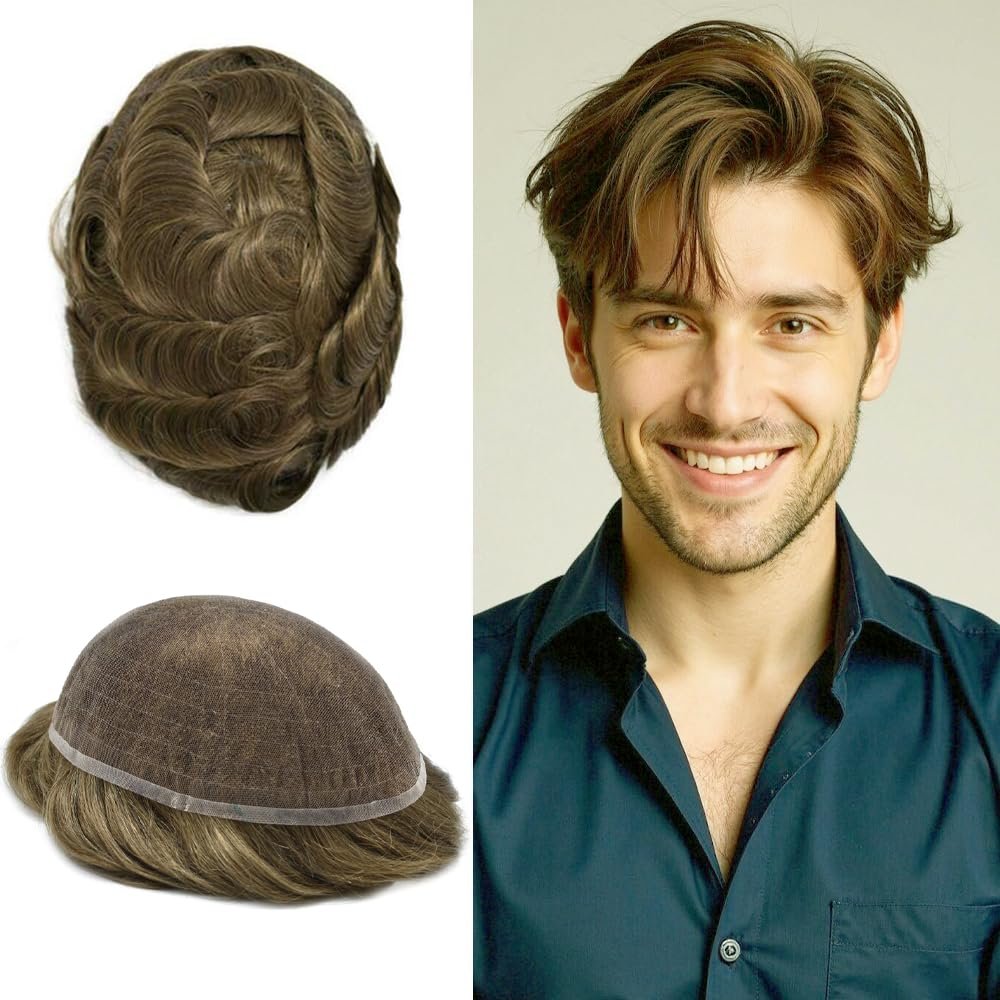 ApexToupees Toupee for Men Hair Systems Full French Lace Hairpiece for Mens Toupee Real Human Hair Replacement System Full Lace Mens Hairpieces 8X10-80% light density #710 Very Light Brown+10% Gray