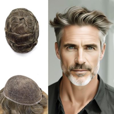 ApexToupees Toupee for Men Hair Systems Full French Lace Hairpiece for Mens Toupee Real Human Hair Replacement System Full Lace Mens Hairpieces 8X10-120% density #370 Dark Brown+70% Gray