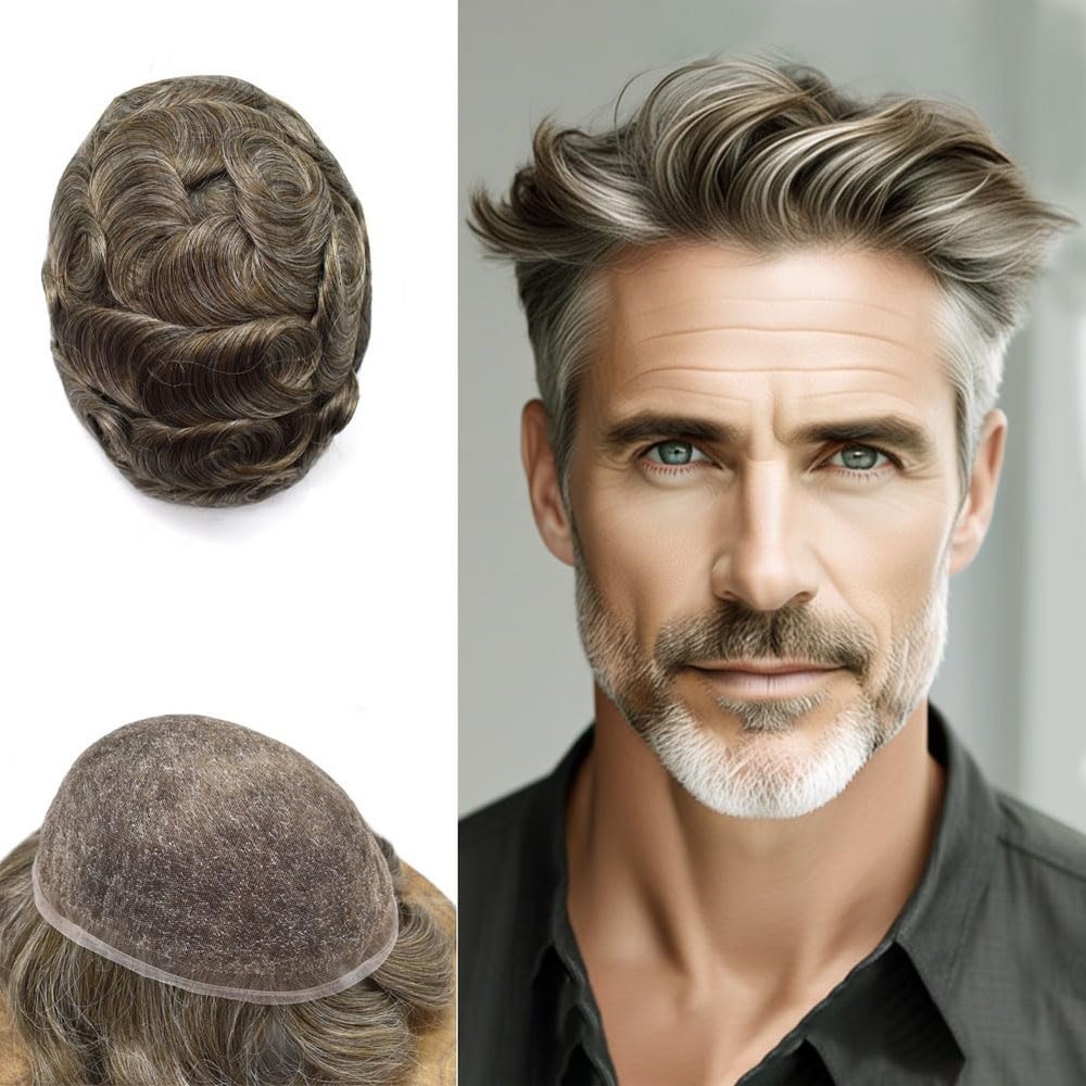 ApexToupees Toupee for Men Hair Systems Full French Lace Hairpiece for Mens Toupee Real Human Hair Replacement System Full Lace Mens Hairpieces 8X10-120% density #370 Dark Brown+70% Gray
