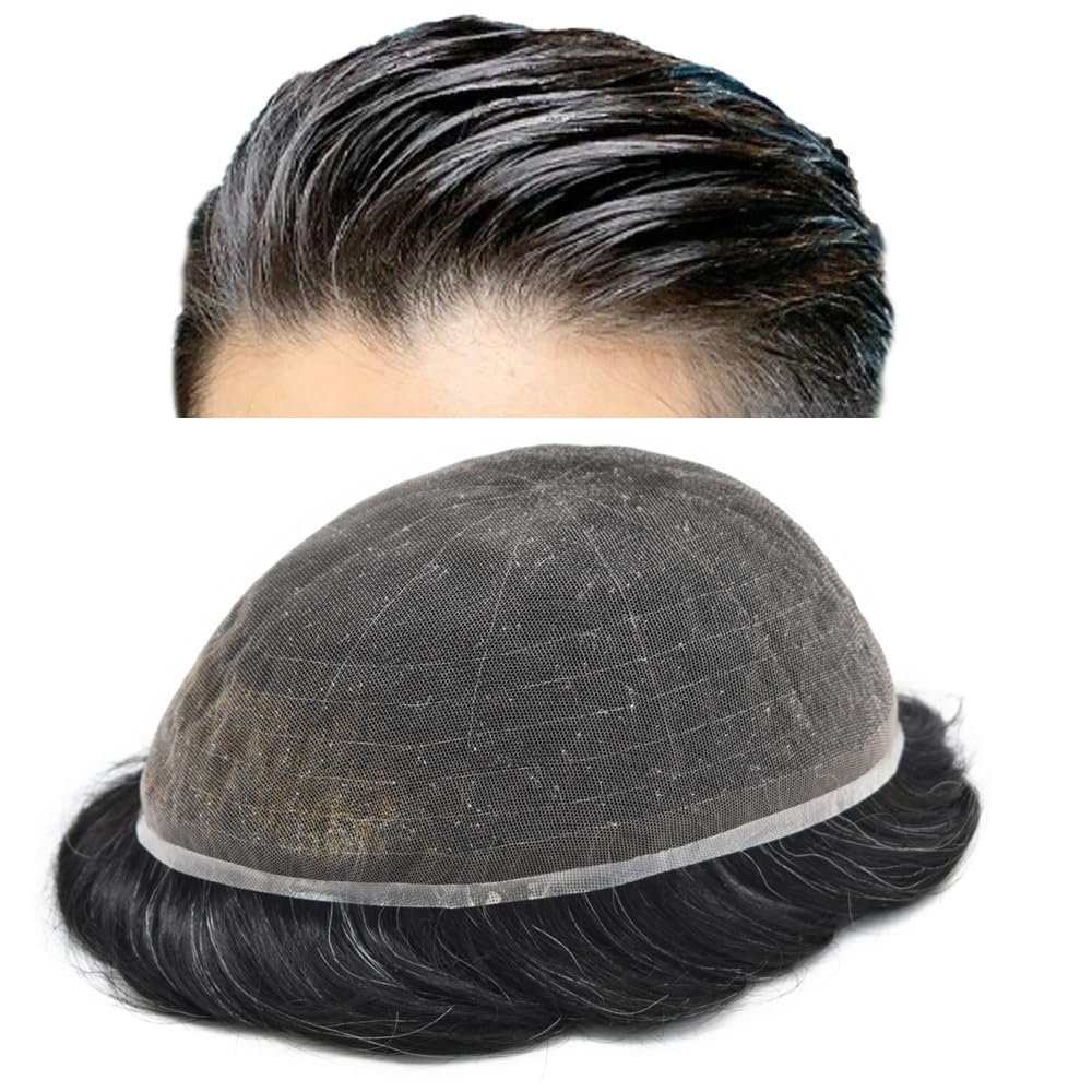ApexToupees Toupee for Men Hair Systems Full French Lace Hairpiece for Mens Toupee Real Human Hair Replacement System Full Lace Mens Hairpieces 7X10-120% density #1B20 Off Black+20% Gray
