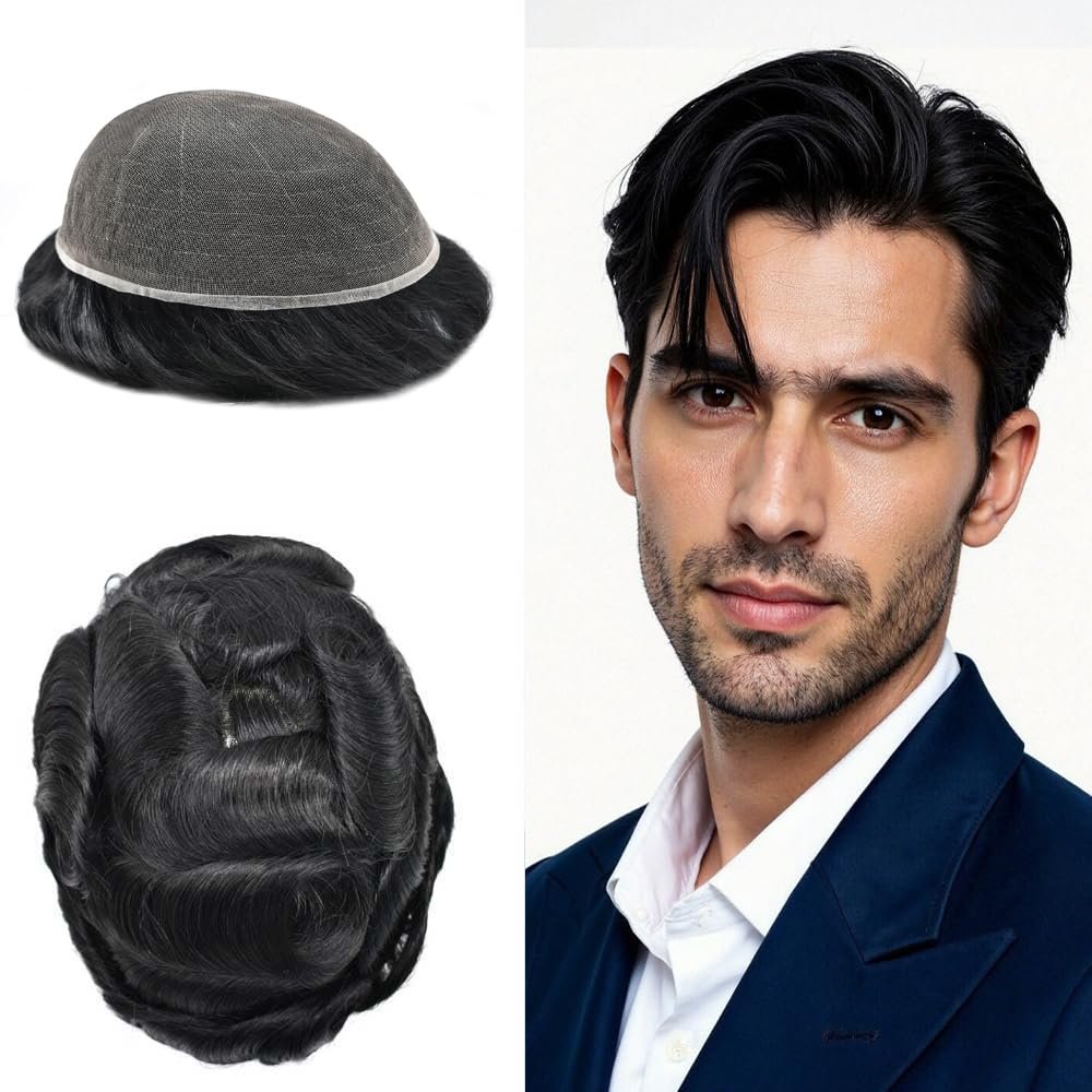 ApexToupees Toupee for Men Hair Systems Full French Lace Hairpiece for Mens Toupee Real Human Hair Replacement System Full Lace Mens Hairpieces 6X9-120% density #1B Off Black