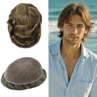 ApexToupees Toupee for Men Hair Systems Full French Lace Hairpiece for Mens Toupee Real Human Hair Replacement System Full Lace Mens Hairpieces 8X10-100% density #730 Very Light Brown+30% Gray