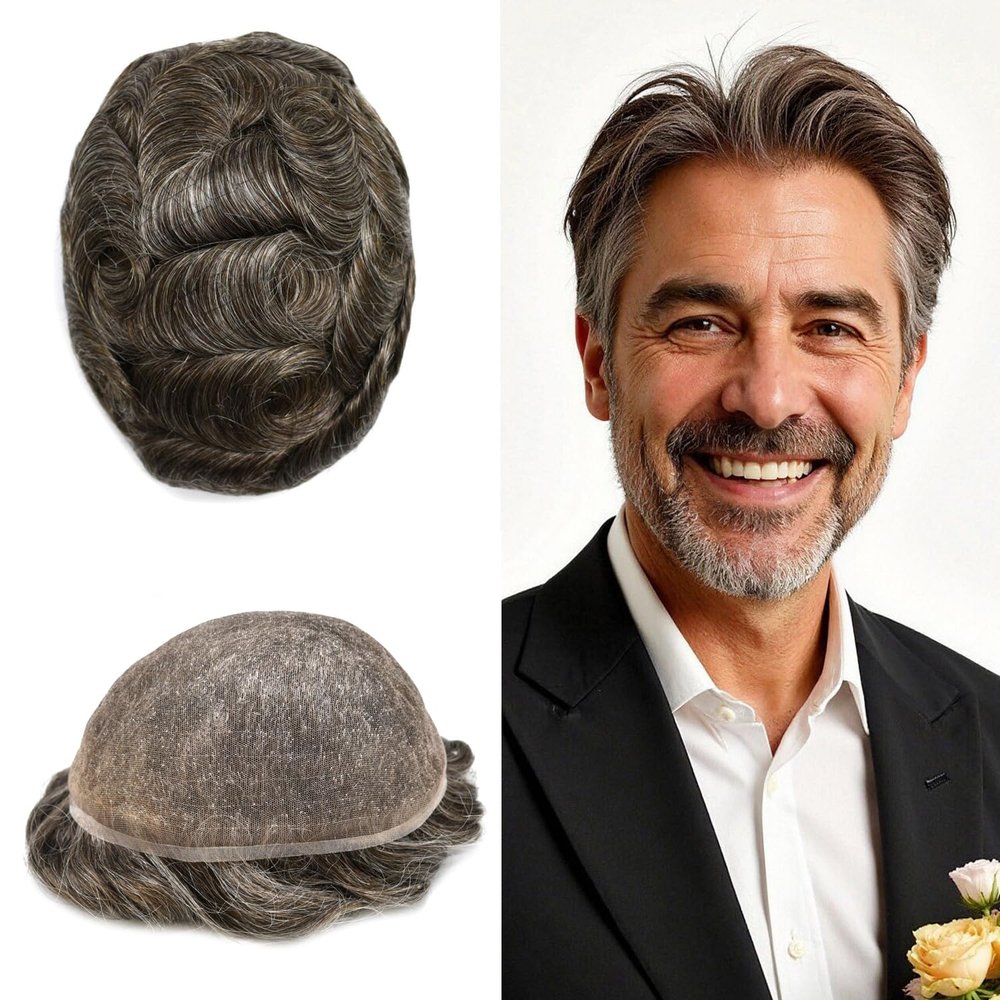 ApexToupees Toupee for Men Hair Systems Full French Lace Hairpiece for Mens Toupee Real Human Hair Replacement System Full Lace Mens Hairpieces 8X10-100% density #350 Dark Brown+50% Gray