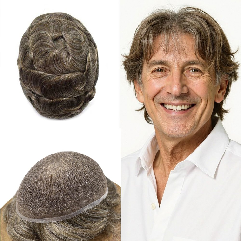ApexToupees Toupee for Men Hair Systems Full French Lace Hairpiece for Mens Toupee Real Human Hair Replacement System Full Lace Mens Hairpieces 8X10-120% density #550 Medium Light Brown+50% Gray