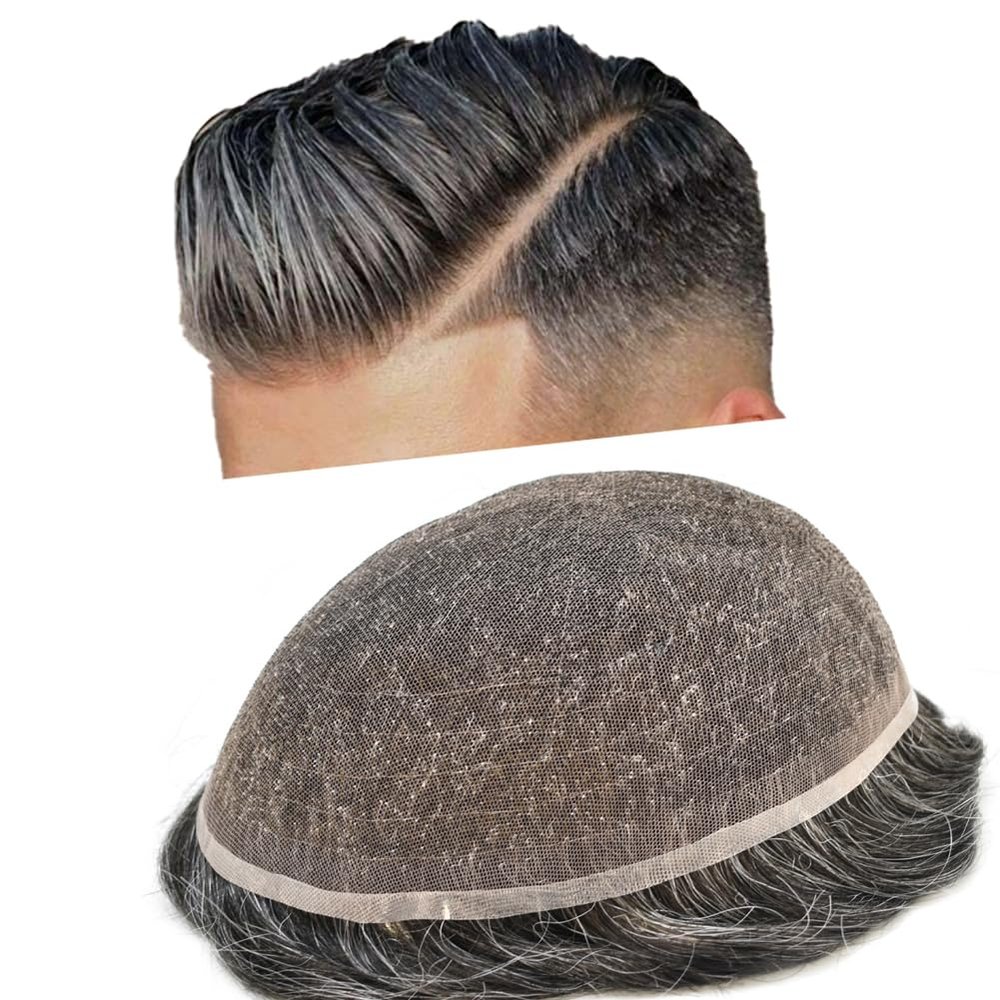 ApexToupees Toupee for Men Hair Systems Full French Lace Hairpiece for Mens Toupee Real Human Hair Replacement System Full Lace Mens Hairpieces 6X8-120% density #1B30 Off Black+30% Gray