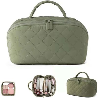 FSXZA Travel Sized Makeup Bag for Woman, Wide Opening Lay-Flat Water-Resistant Cosmetic Case, Organizer for Toiletries & Brushes Large Capacity with Compartments (Green)