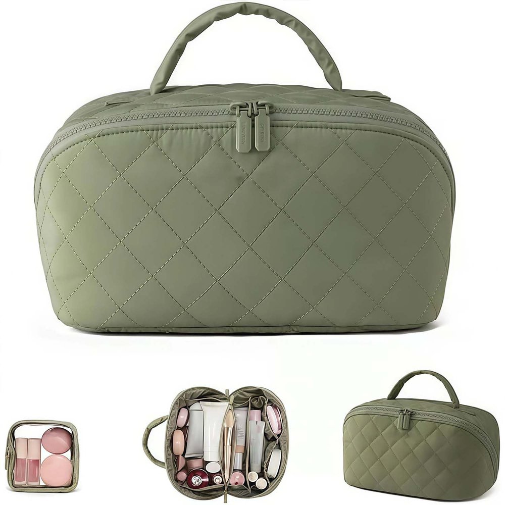 FSXZA Travel Sized Makeup Bag for Woman, Wide Opening Lay-Flat Water-Resistant Cosmetic Case, Organizer for Toiletries & Brushes Large Capacity with Compartments (Green)