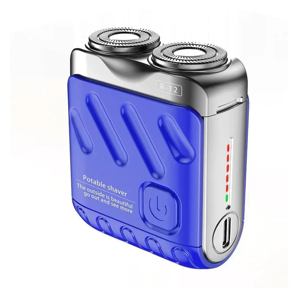 Portable Rotary Dual Ring Electric Shaver | Mens Travel Mini | Rechargeable Pocket Razor with Double Floating Magnetic Blade(Blue)