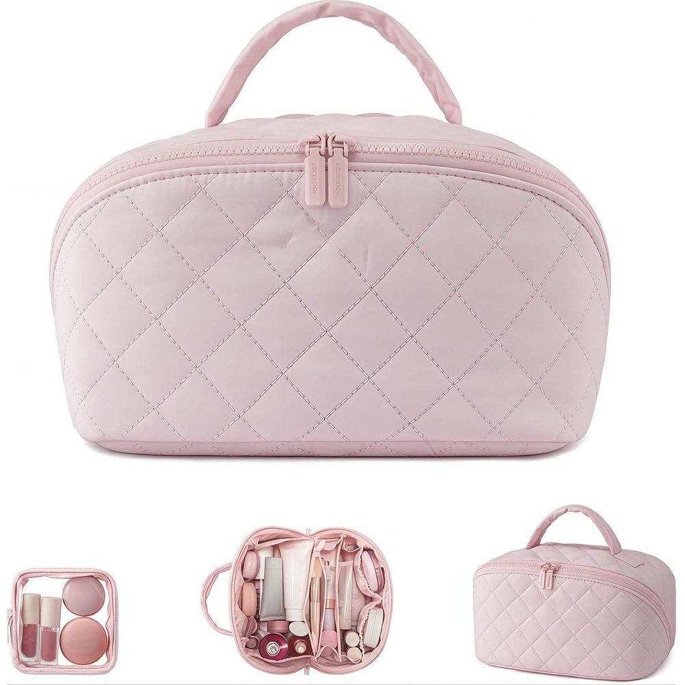 FSXZA Travel Sized Makeup Bag for Woman, Wide Opening Lay-Flat Water-Resistant Cosmetic Case, Organizer for Toiletries & Brushes Large Capacity with Compartments (Pink)