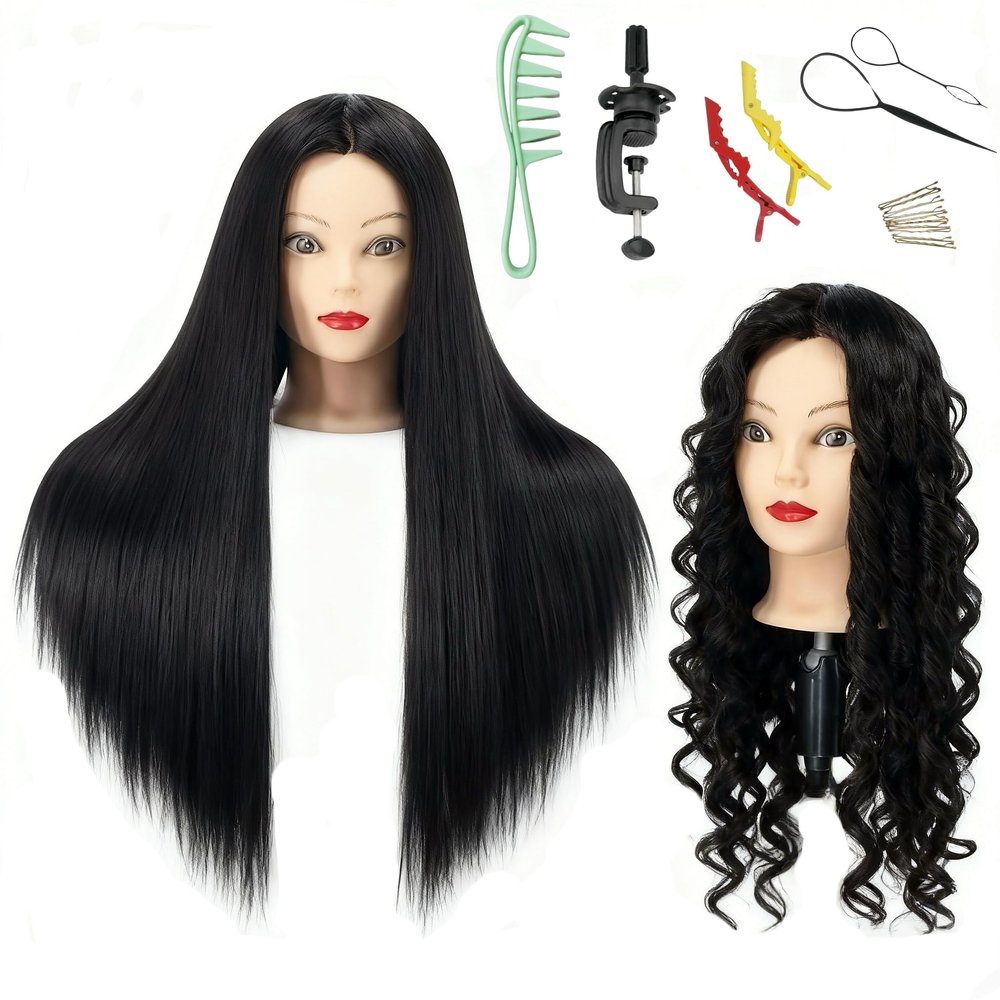 28" Black Hair Mannequin Head with Stand Practice Kit, Cosmetology Mannequin Head with Hair for Braiding, Hair Styling Training Mannequins Head (Black)