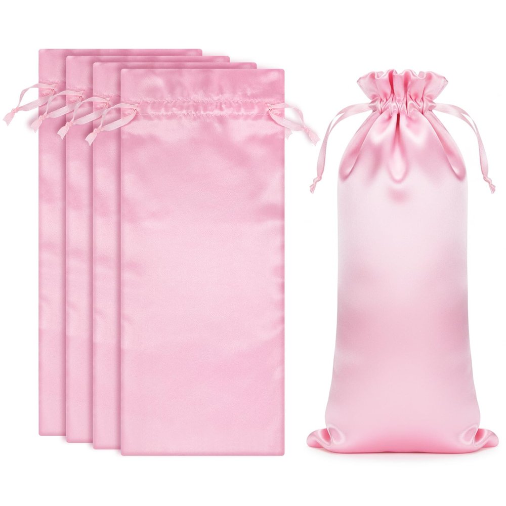 Alrhso 4 Pcs Satin Wig Bags with Drawstring Pink Wig Storage Bags for Wigs and Hair Extension Tools (13.5x9.8 Inch)