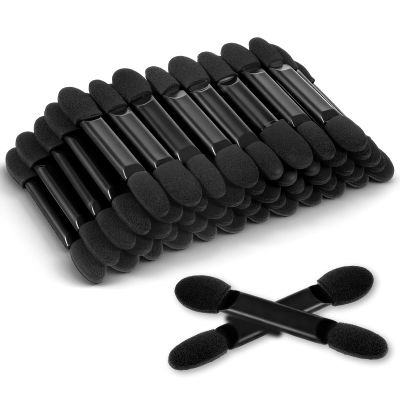50 Pcs Disposable Dual Sides Sponge Eyeshadow Applicator, Professional Double Head Eyeshadow Brush Eye Shadow Applicator Sticks Makeup Brushes with Organizer, Cosmetic Tools for Women (Black)