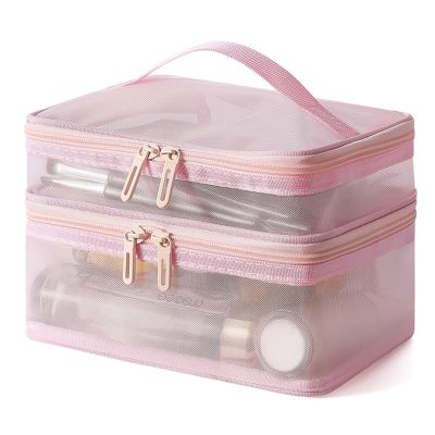 Lkents makeup bag clear Double Layer Makeup Bag Large Capacity with Handle Cosmetic Pouch Portable Travel Organizer Versatile Storage Bag for Travel(Pink)