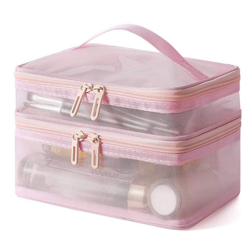 Lkents makeup bag clear Double Layer Makeup Bag Large Capacity with Handle Cosmetic Pouch Portable Travel Organizer Versatile Storage Bag for Travel(Pink)