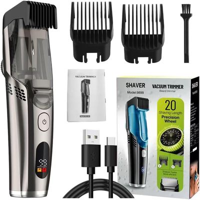 Electric hair clipper, Vacuum Beard Trimmer for Men with Adjustable Comb, Waterproof Electric Trimmer Kit, 20 Length Settings, Built-in Hair Suction, USB Rechargeable for Sideburns & Mustache (Silver)