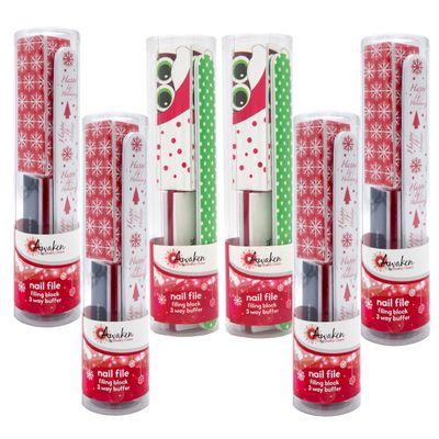 Awaken By Quality Choice Assorted Holiday Nail Care Stocking Stuffer Combo Pack - File, Buffer, and Filing Block - Essential for Nail Health and Beauty (6, Count, 100/180 Grit)
