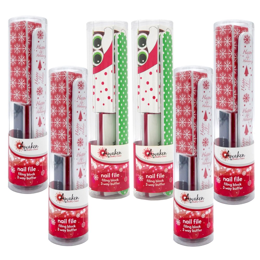 Awaken By Quality Choice Assorted Holiday Nail Care Stocking Stuffer Combo Pack - File, Buffer, and Filing Block - Essential for Nail Health and Beauty (6, Count, 100/180 Grit)
