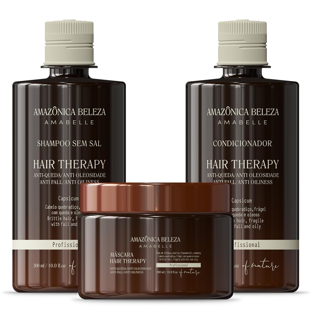 Amazonica Beleza Hair Therapy Shampoo, Conditioner and Hair Mask Bundle, Removes Oiliness, Reduces Hair Loss and Supports Growth, Professional Anti-Caida and Anti-Oleosidad, 10 oz Each