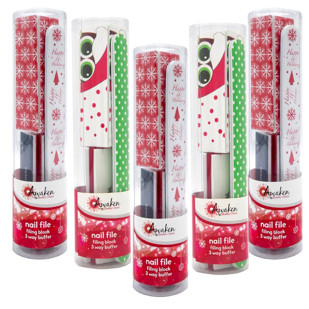 Awaken By Quality Choice Assorted Holiday Nail Care Stocking Stuffer Combo Pack - File, Buffer, and Filing Block - Essential for Nail Health and Beauty (5, Count, 100/180 Grit)