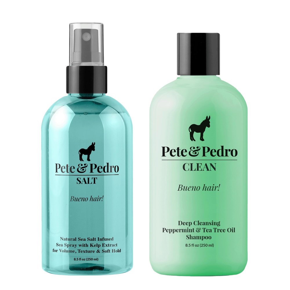 Pete & Pedro Sea SALT Spray 8 oz. & Cleansing Peppermint & Tea Tree Shampoo 8.5 oz. Combo  Adds Instant Volume, Texture, & Thickness to Hair | Removes Build-Up, Eliminates Excess Oil, Cleans Scalp