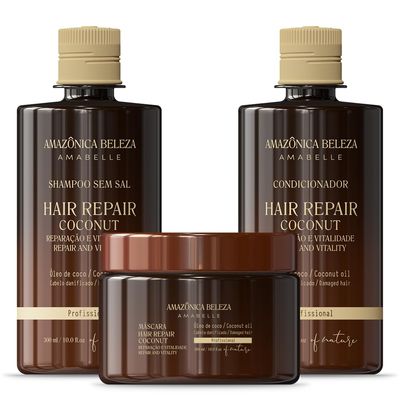 Amazonica Beleza Coconut Repair Shampoo, Conditioner and Hair Mask Bundle, Multivitamin Repair for Damaged Hair with Regenerating Coconut Oil, Professional Line, 10 oz Each