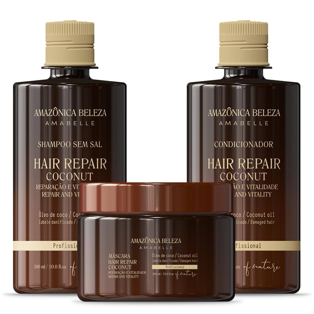 Amazonica Beleza Coconut Repair Shampoo, Conditioner and Hair Mask Bundle, Multivitamin Repair for Damaged Hair with Regenerating Coconut Oil, Professional Line, 10 oz Each