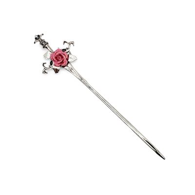 Vintage Filigree Sword Hair Pins, Medieval Renaissance Style Silver Metal Sword Hair Sticks with Decorative Floral Design, Gothic Hair Accessories for Women (Pink Glitter)