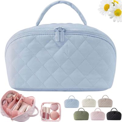 2026 New Travel Makeup Bag For Woman,180 Open Wide Open Lay-Flat Water-Resistant Cosmetic Case,Puffy Padded Organizer For Toiletries & Brushes Large Capacity With Compartments (Blue)