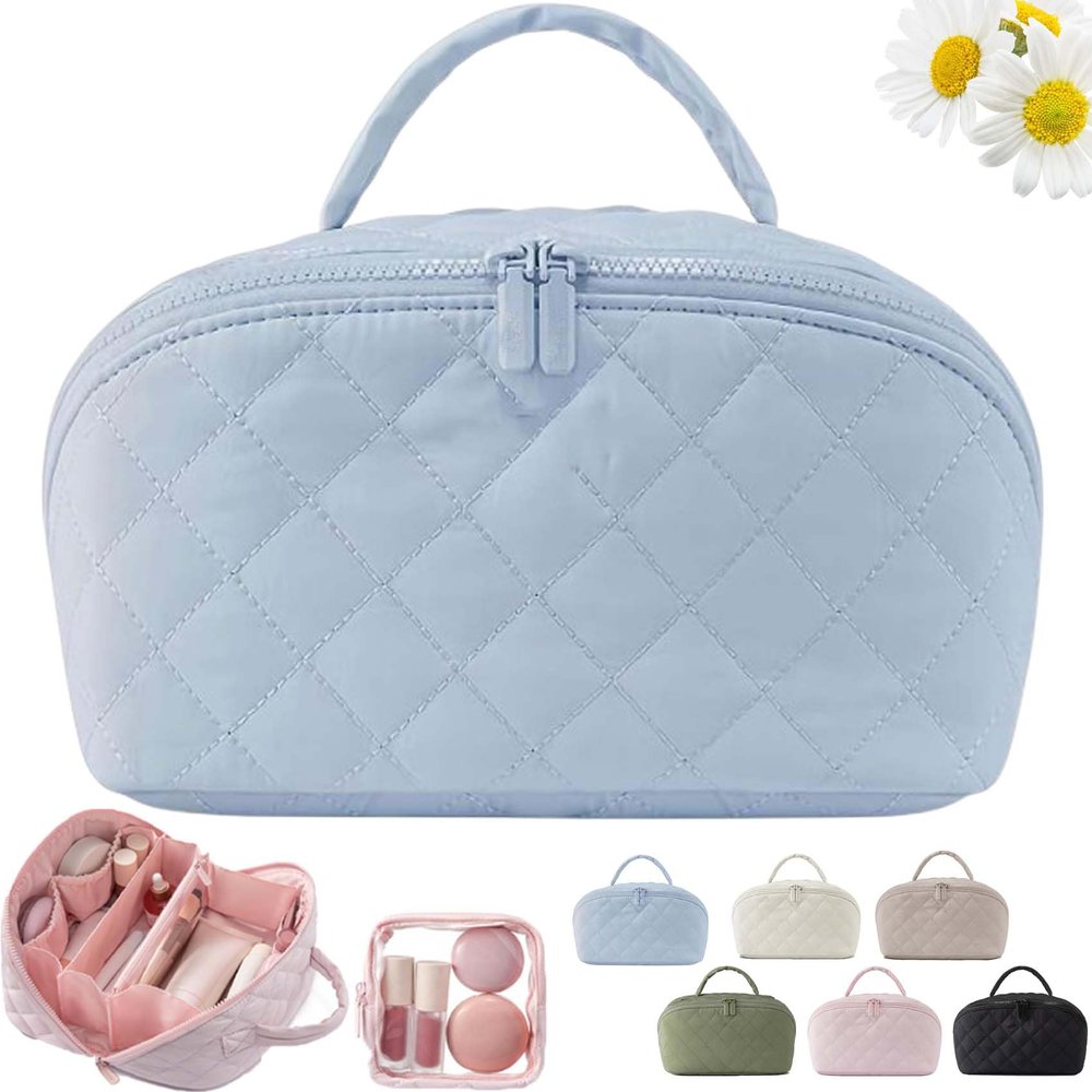 2026 New Travel Makeup Bag For Woman,180 Open Wide Open Lay-Flat Water-Resistant Cosmetic Case,Puffy Padded Organizer For Toiletries & Brushes Large Capacity With Compartments (Blue)