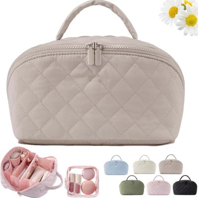 2026 New Travel Makeup Bag For Woman,180 Open Wide Open Lay-Flat Water-Resistant Cosmetic Case,Puffy Padded Organizer For Toiletries & Brushes Large Capacity With Compartments (Beige)