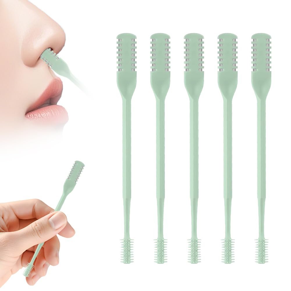 FXOICMI 2-in-1 Nasal Hair Cutter, Manual Nose Hair Trimmer for Men & Women, 360 Rotating Dual-Sided Nose Hair Remover with Soft Cleaning Brush, Portable Travel Cleaning Tool (Green, 5Pcs)