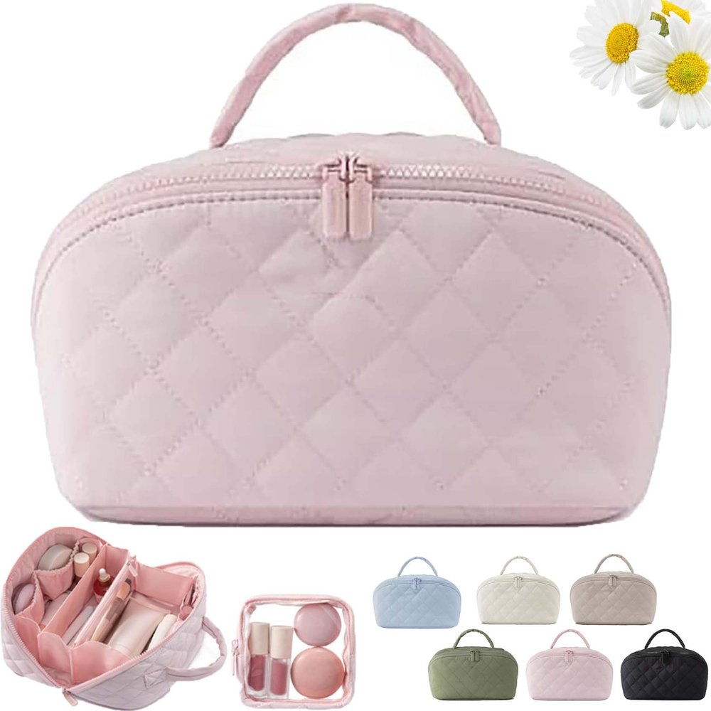 2026 New Travel Makeup Bag For Woman,180 Open Wide Open Lay-Flat Water-Resistant Cosmetic Case,Puffy Padded Organizer For Toiletries & Brushes Large Capacity With Compartments (Pink)