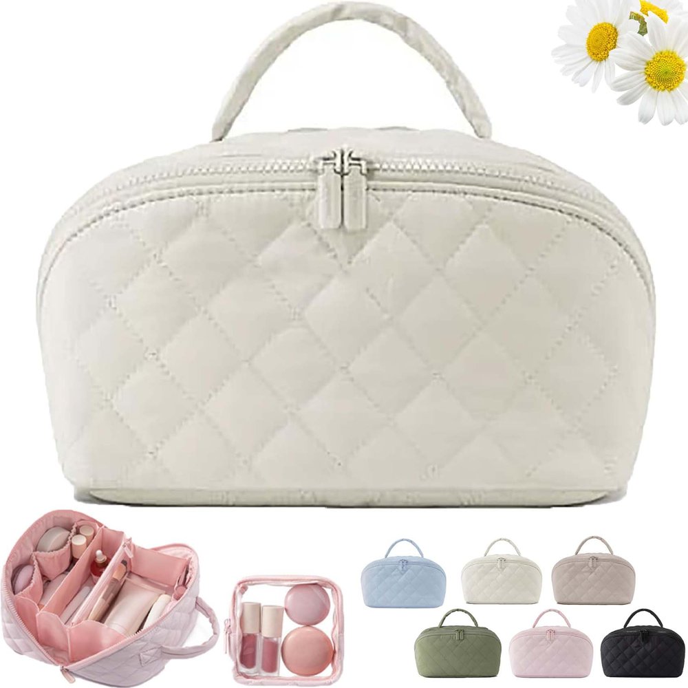 2026 New Travel Makeup Bag For Woman,180 Open Wide Open Lay-Flat Water-Resistant Cosmetic Case,Puffy Padded Organizer For Toiletries & Brushes Large Capacity With Compartments (White)