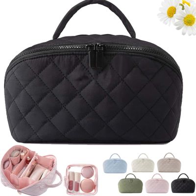 2026 New Travel Makeup Bag For Woman,180 Open Wide Open Lay-Flat Water-Resistant Cosmetic Case,Puffy Padded Organizer For Toiletries & Brushes Large Capacity With Compartments (Black)