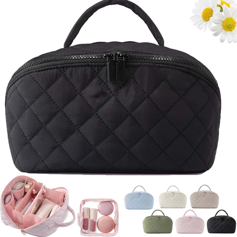 2026 New Travel Makeup Bag For Woman,180 Open Wide Open Lay-Flat Water-Resistant Cosmetic Case,Puffy Padded Organizer For Toiletries & Brushes Large Capacity With Compartments (Black)