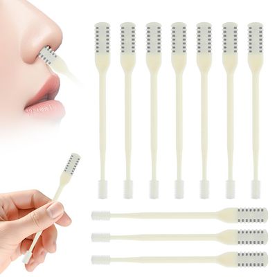 FXOICMI 2-in-1 Nasal Hair Cutter, Manual Nose Hair Trimmer for Men & Women, 360 Rotating Dual-Sided Nose Hair Remover with Soft Cleaning Brush, Portable Travel Cleaning Tool (Beige, 10Pcs)