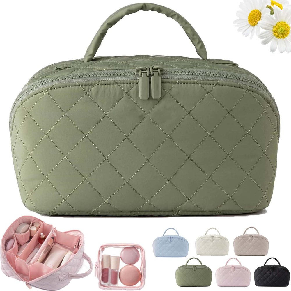 2026 New Travel Makeup Bag For Woman,180 Open Wide Open Lay-Flat Water-Resistant Cosmetic Case,Puffy Padded Organizer For Toiletries & Brushes Large Capacity With Compartments (Green)