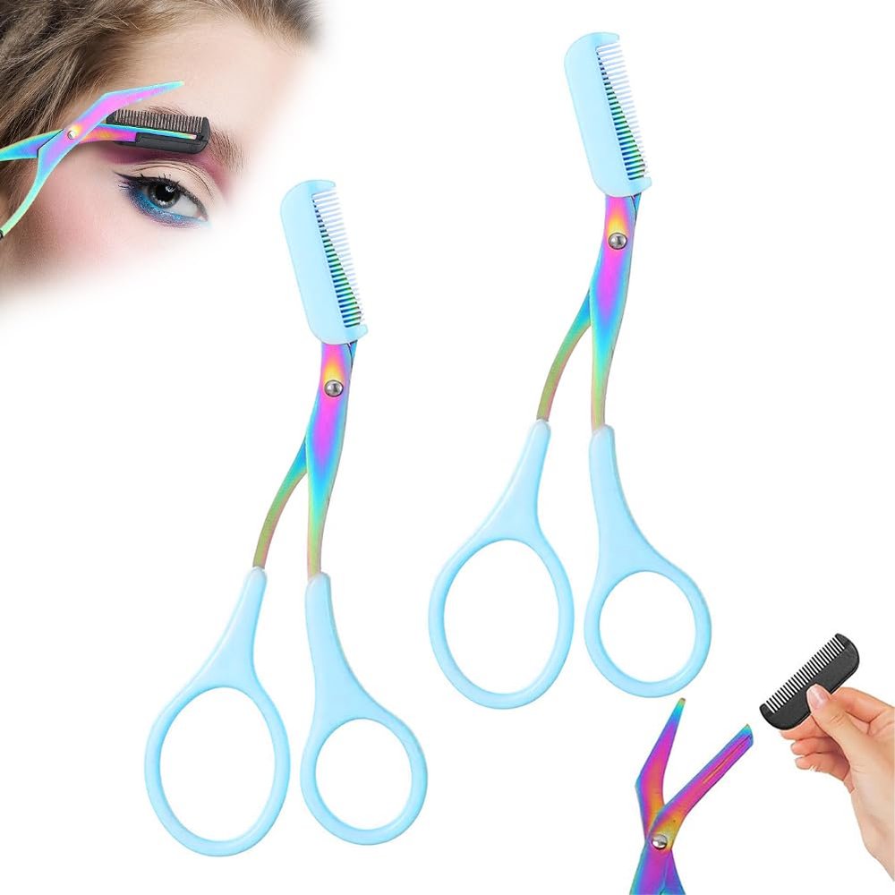 2 in 1 Eyebrow Scissors with Comb, Precision Stainless Steel Eyebrow Trimmer Cutter, Non-Slip Grooming Scissors for Men & Women, Portable Facial Hair Removal Makeup Tool (Blue, 2Pcs)