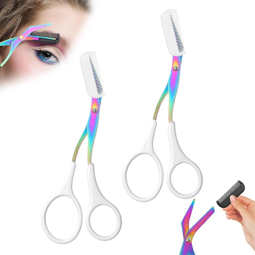 2 in 1 Eyebrow Scissors with Comb, Precision Stainless Steel Eyebrow Trimmer Cutter, Non-Slip Grooming Scissors for Men & Women, Portable Facial Hair Removal Makeup Tool (White, 2Pcs)