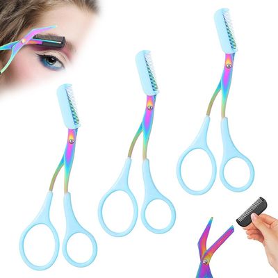 2 in 1 Eyebrow Scissors with Comb, Precision Stainless Steel Eyebrow Trimmer Cutter, Non-Slip Grooming Scissors for Men & Women, Portable Facial Hair Removal Makeup Tool (Blue, 3Pcs)