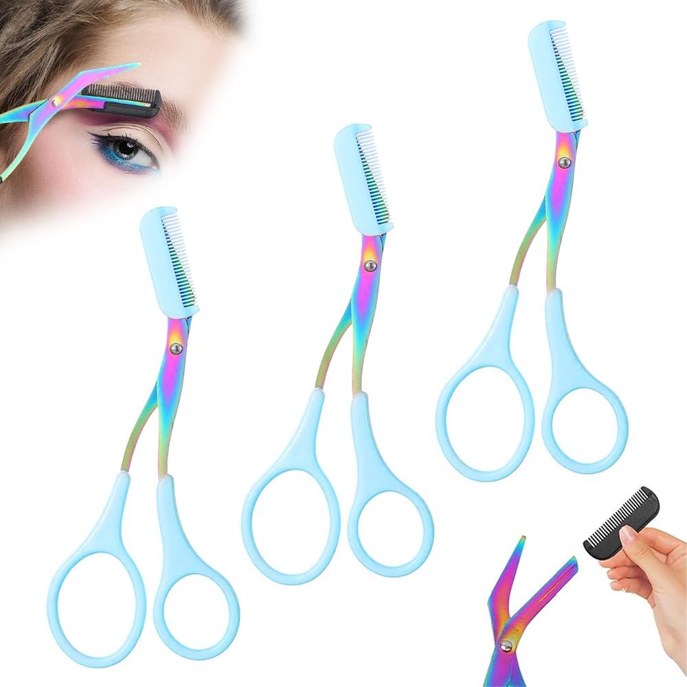 2 in 1 Eyebrow Scissors with Comb, Precision Stainless Steel Eyebrow Trimmer Cutter, Non-Slip Grooming Scissors for Men & Women, Portable Facial Hair Removal Makeup Tool (Blue, 3Pcs)
