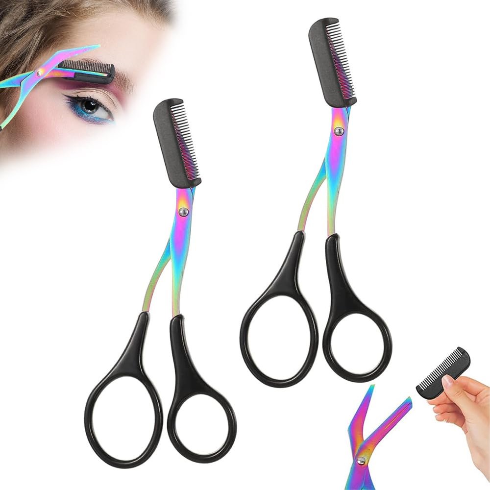 2 in 1 Eyebrow Scissors with Comb, Precision Stainless Steel Eyebrow Trimmer Cutter, Non-Slip Grooming Scissors for Men & Women, Portable Facial Hair Removal Makeup Tool (Black, 2Pcs)