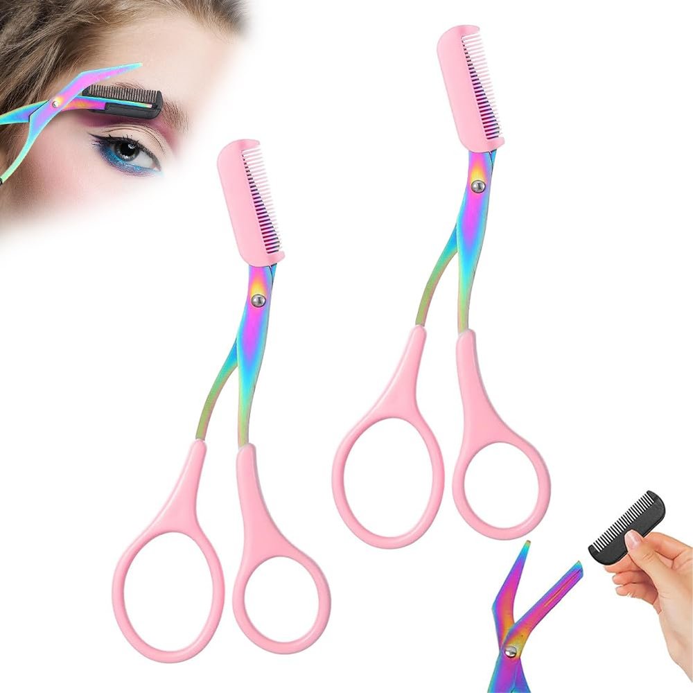 2 in 1 Eyebrow Scissors with Comb, Precision Stainless Steel Eyebrow Trimmer Cutter, Non-Slip Grooming Scissors for Men & Women, Portable Facial Hair Removal Makeup Tool (Pink, 2Pcs)