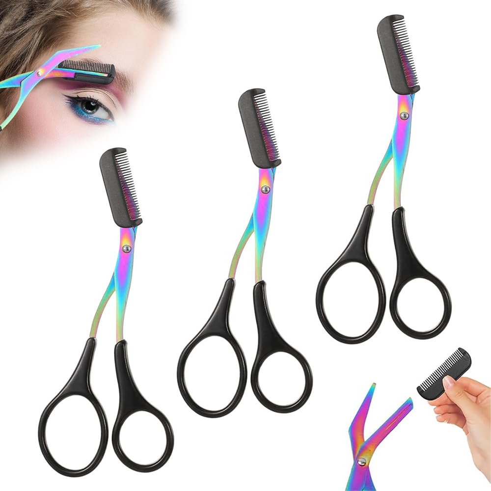 2 in 1 Eyebrow Scissors with Comb, Precision Stainless Steel Eyebrow Trimmer Cutter, Non-Slip Grooming Scissors for Men & Women, Portable Facial Hair Removal Makeup Tool (Black, 3Pcs)