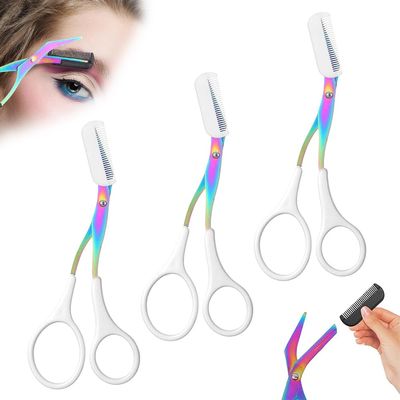 2 in 1 Eyebrow Scissors with Comb, Precision Stainless Steel Eyebrow Trimmer Cutter, Non-Slip Grooming Scissors for Men & Women, Portable Facial Hair Removal Makeup Tool (White, 3Pcs)