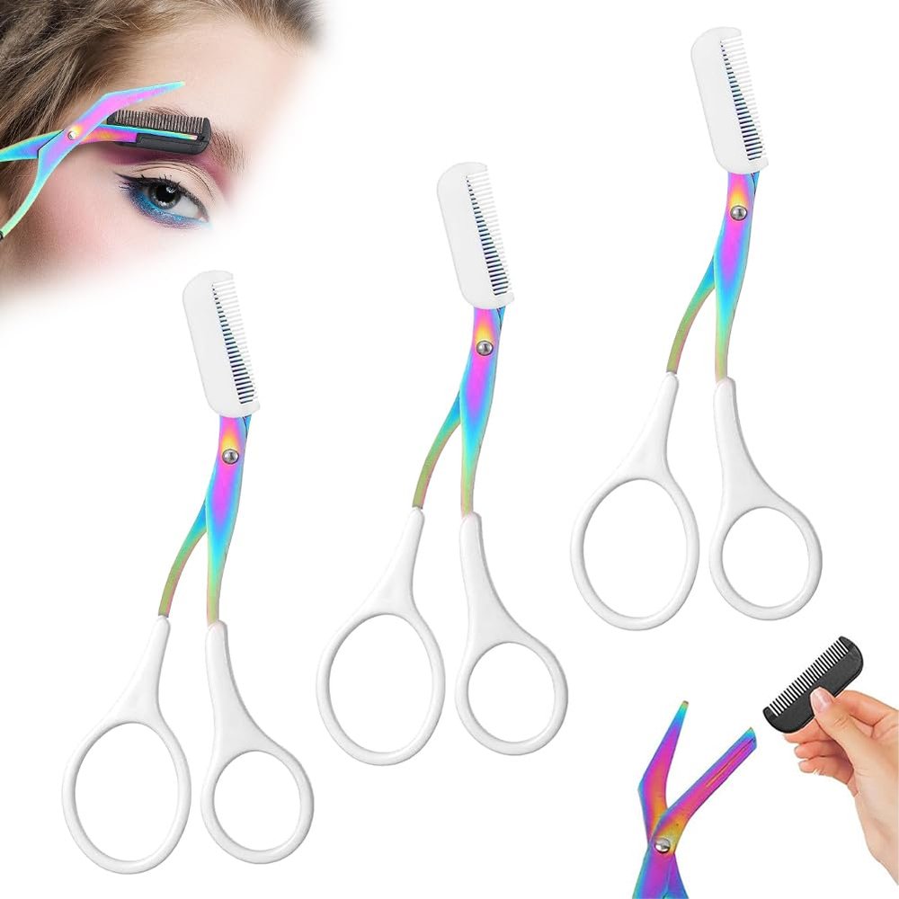 2 in 1 Eyebrow Scissors with Comb, Precision Stainless Steel Eyebrow Trimmer Cutter, Non-Slip Grooming Scissors for Men & Women, Portable Facial Hair Removal Makeup Tool (White, 3Pcs)