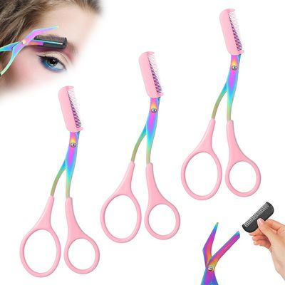 2 in 1 Eyebrow Scissors with Comb, Precision Stainless Steel Eyebrow Trimmer Cutter, Non-Slip Grooming Scissors for Men & Women, Portable Facial Hair Removal Makeup Tool (Pink, 3Pcs)