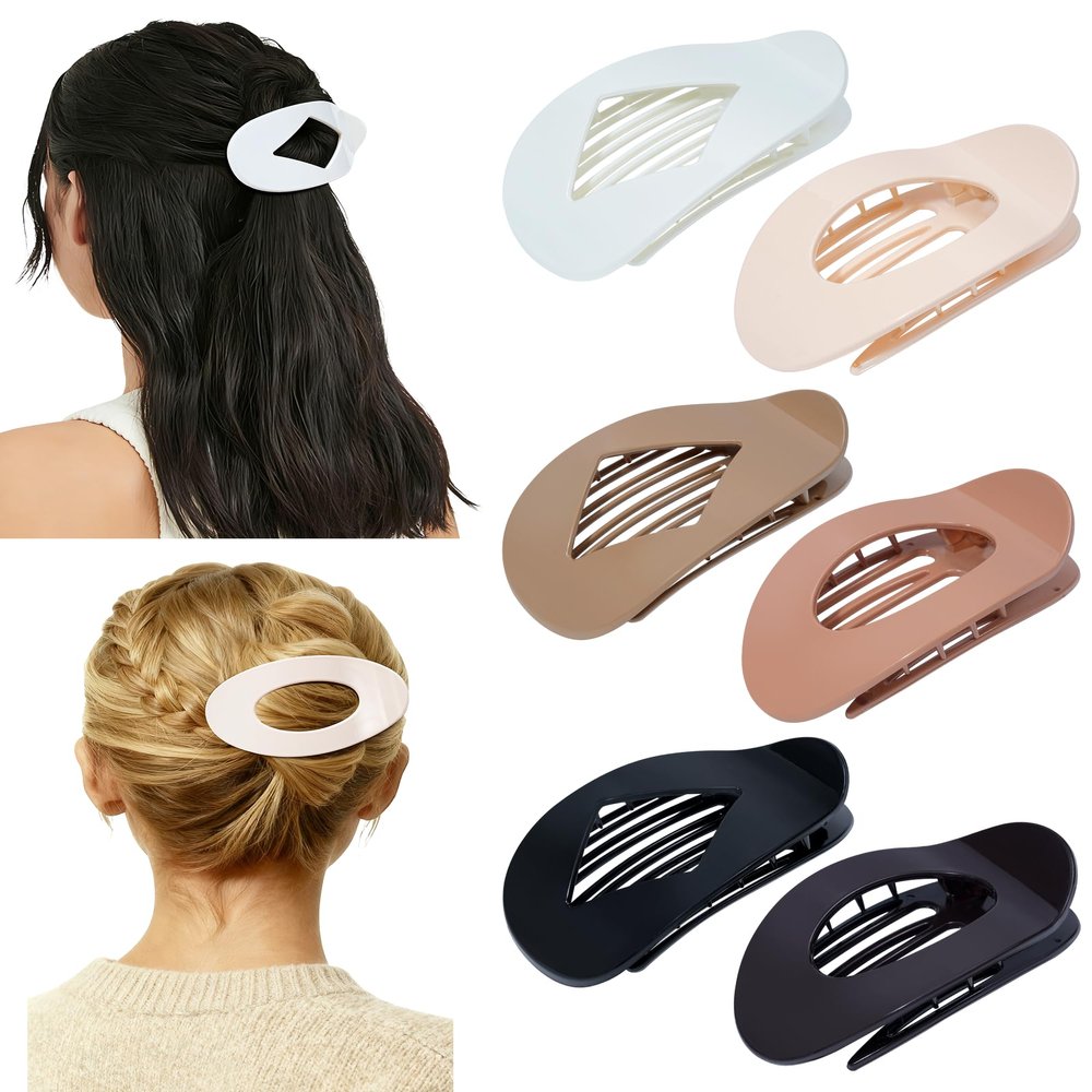 HOKEMP 6Pcs French Flat Hair Clips for Women - 2 Styles Matte Oval Claw Clips for Thin Thick Hair Large Strong Hold Lay Down Hair Accessories for Women (Glossy Brown Set)