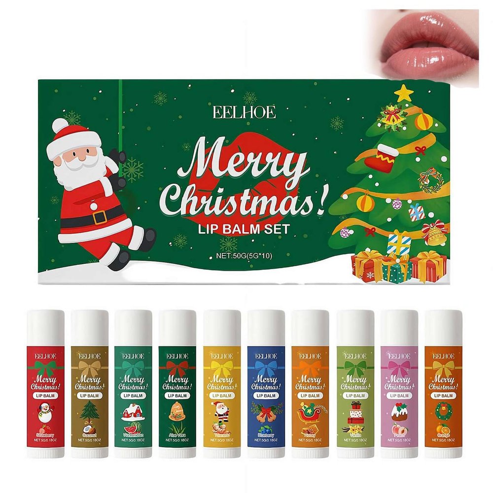 10 Pieces Christmas Lip Balm Gift Set,natural Fruit Flavor Lipbalms Multipack for Women Men,Long Lasting Lipcare Moisturizing Hydrating Lipgloss Nourishing Chapstick for Repair Chapped Dry Lips