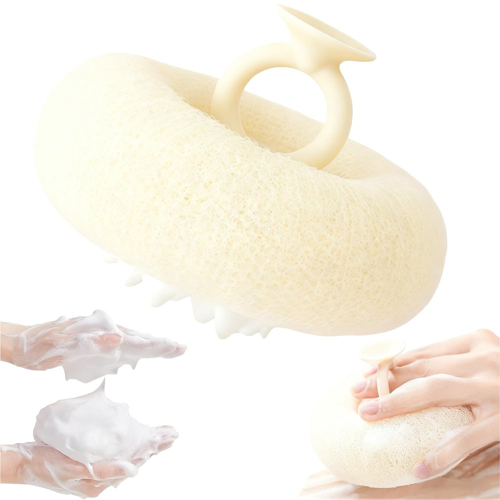 2-in-1 Super Soft Sunflower Suction Cup Bath Ball, New Upgraded Exfoliating Mesh Shower Loofah Pouf Shower Ball with Finger Rings, Body Scrubber Bath Sponge Cleaning Brush for Women, Men (Beige)
